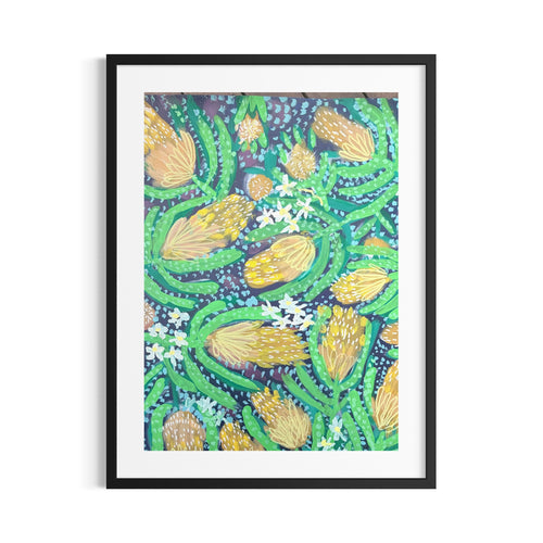 A mixed media painting featuring stylised Australian banksia forms in layered greens and warm golden tones, set against a deep blue background with dotted texture and flowing organic shapes.
