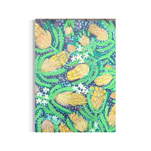 A mixed media painting featuring stylised Australian banksia forms in layered greens and warm golden tones, set against a deep blue background with dotted texture and flowing organic shapes.